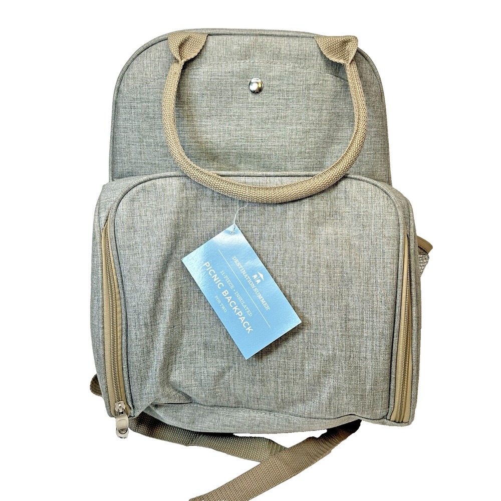 Insulated Picnic Backpack Cooler Bag for 2 w/ Flatware and Side Pouches Gray